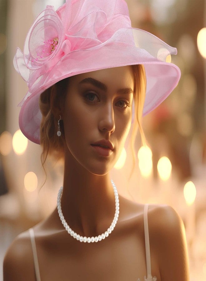 Aurelema 5 Pcs Derby Fascinator Hat Gloves Set for Women Tea Party with Pearl Necklace Bracelet and Earring(Pink,Satin) - Image 4